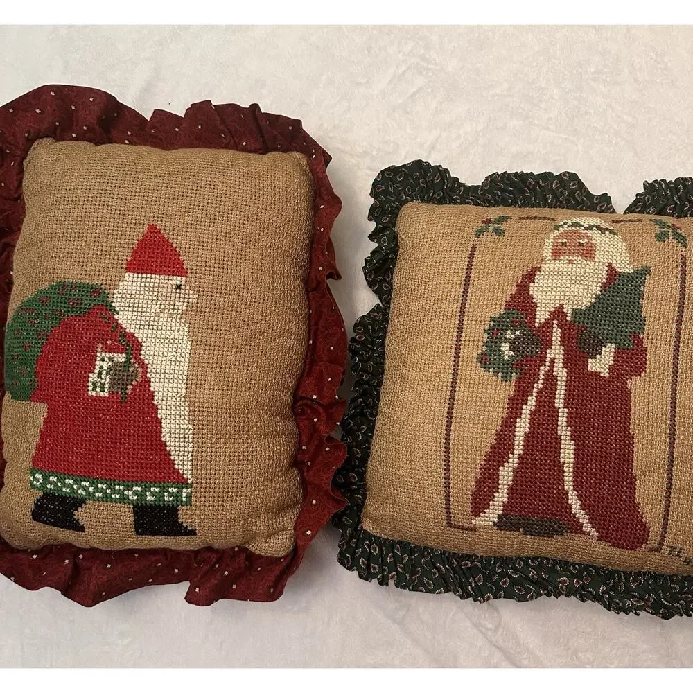 Handmade Vintage Cross Stitch Santa Claus Christmas Pillows Set of 2, 12x14